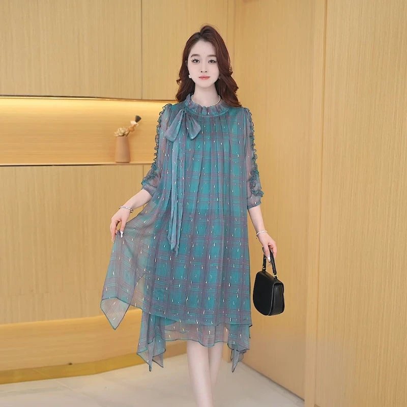 【连衣裙】春季新款时尚气质百搭高贵洋气格子显瘦减龄宽松连衣裙