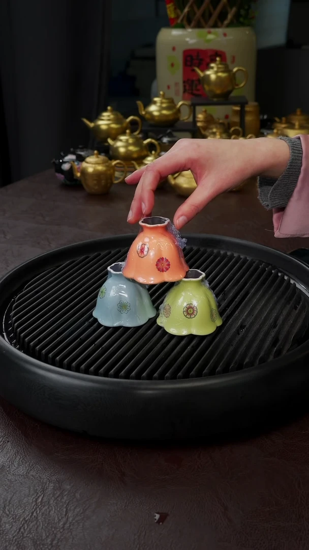 【闪购商品】杯【宜景窑皮球花鎏金】3只小合菱套组