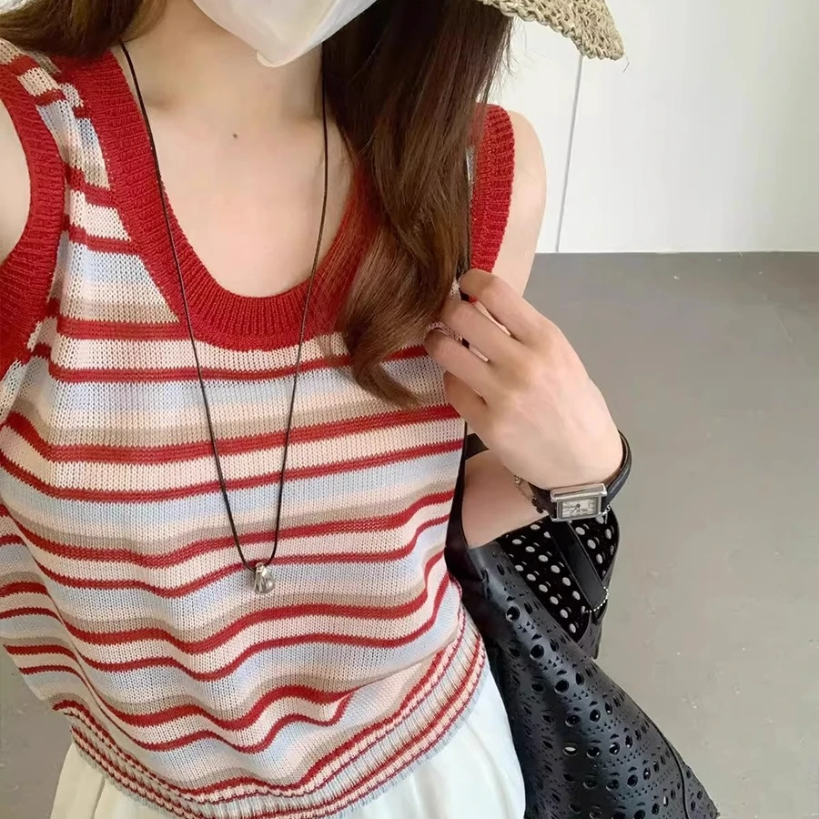 红色条纹u领背心吊带女夏季外穿设计感宽松短款针织衫无袖上衣薄
