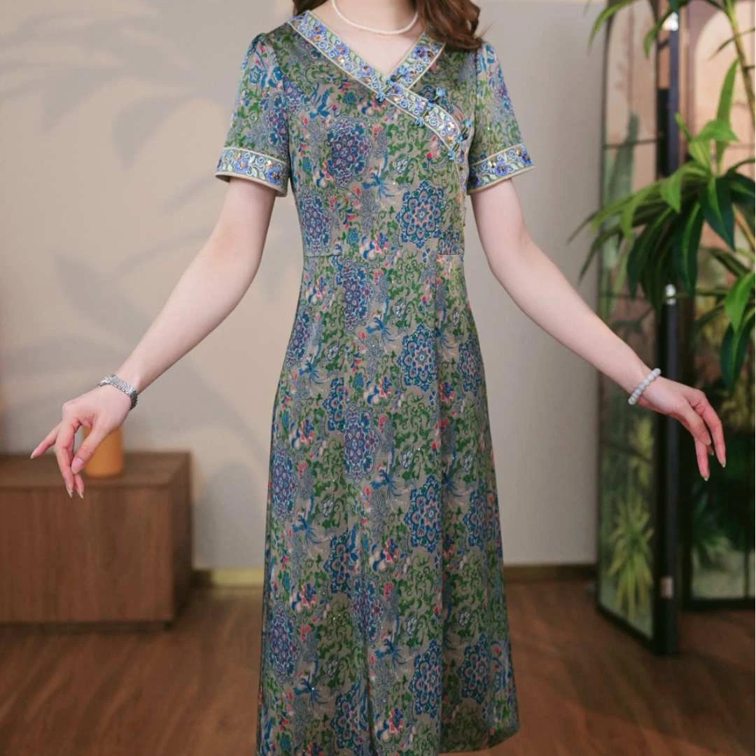 【JJ直播专享】桑蚕丝真丝裙子女夏季2025新款中式温婉风显瘦连衣裙