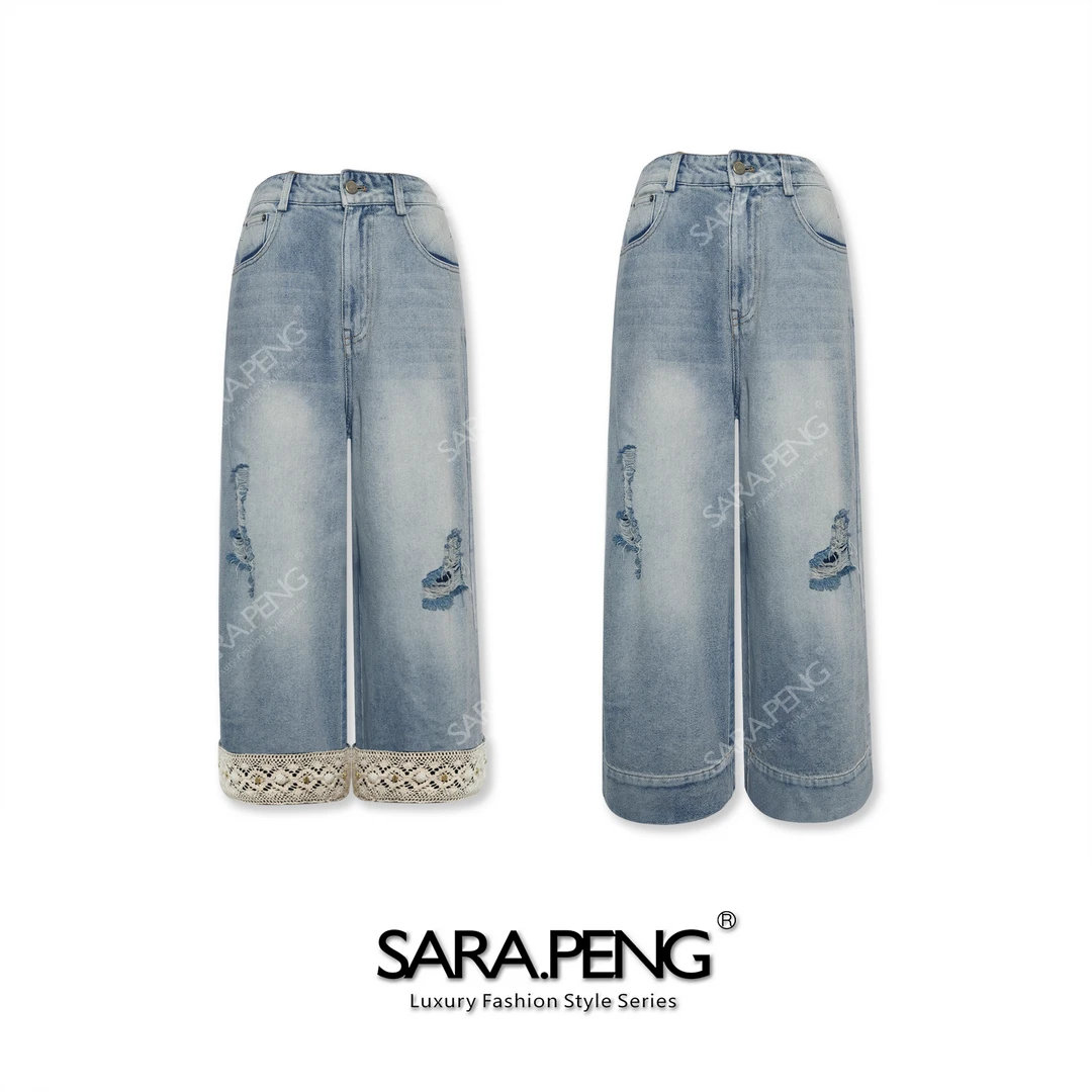 S.P破晓花蕊｜高定款拼接翻转花边｜破洞重工显瘦直筒体闲牛仔裤