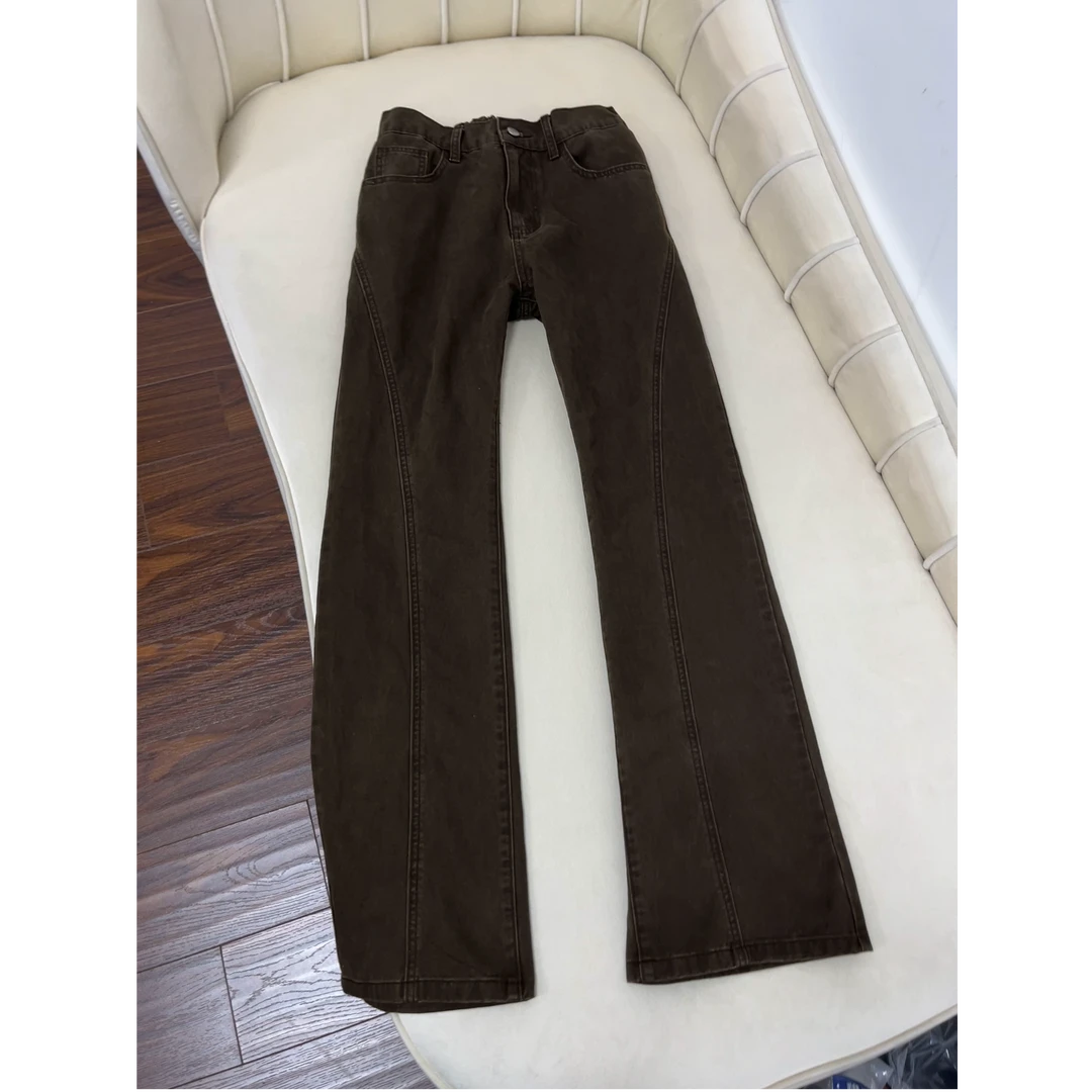美式复古水洗纯棉牛仔裤男款加绒秋冬季加绒直筒微喇斜切工装裤子