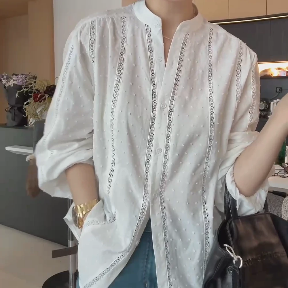 春季新款蕾丝花边立领衬衫气质百搭时尚衬衣女2025长袖上衣