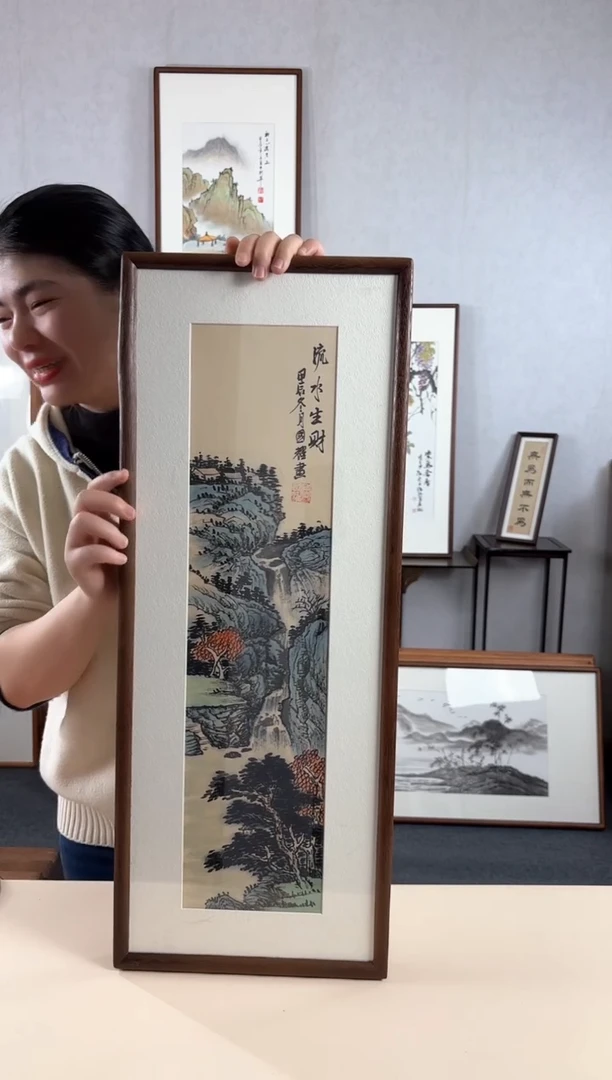 【闪购商品】国画手绘*流水生财*28*72cm实木框