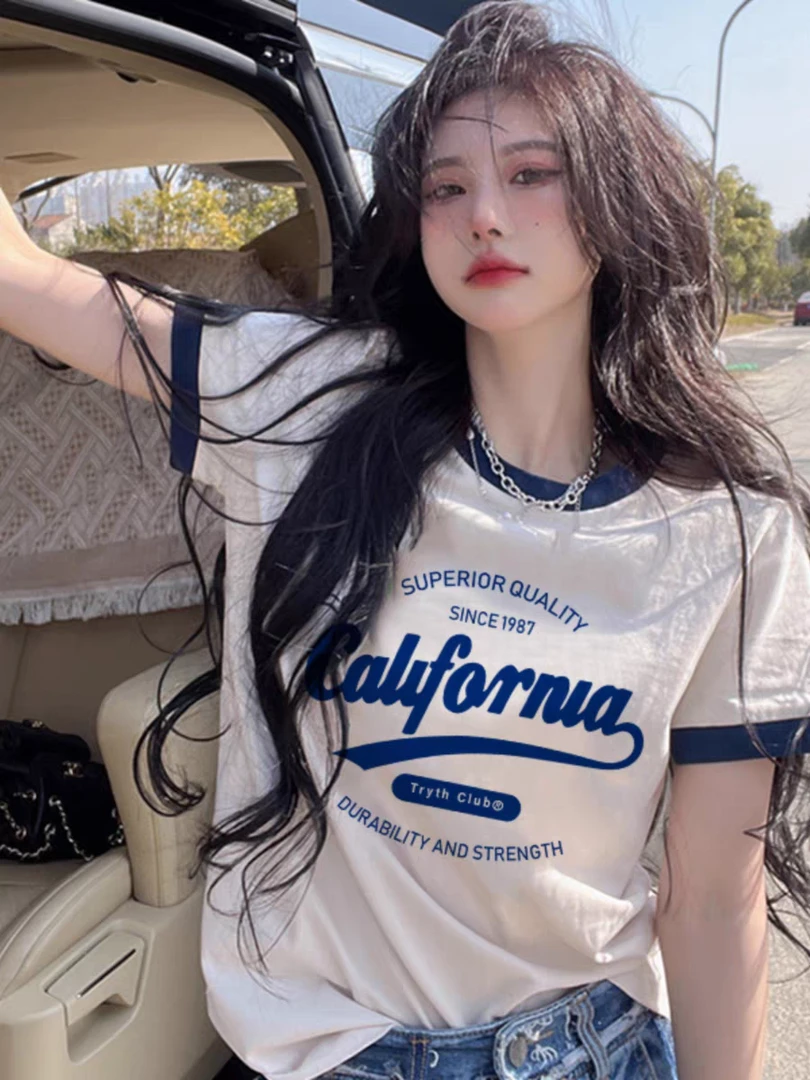 欧洲站雪花棉白色t恤女拼色圆领短袖打底衫夏装洋气上衣