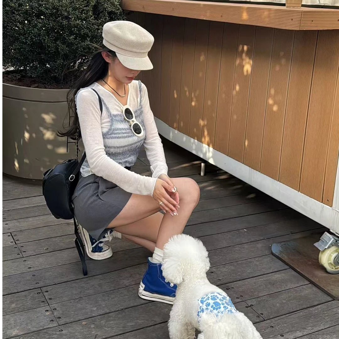 【YKL】莫奈花园米白圆领透上衣/蓝灰层层花边吊带/灰色西装短裤