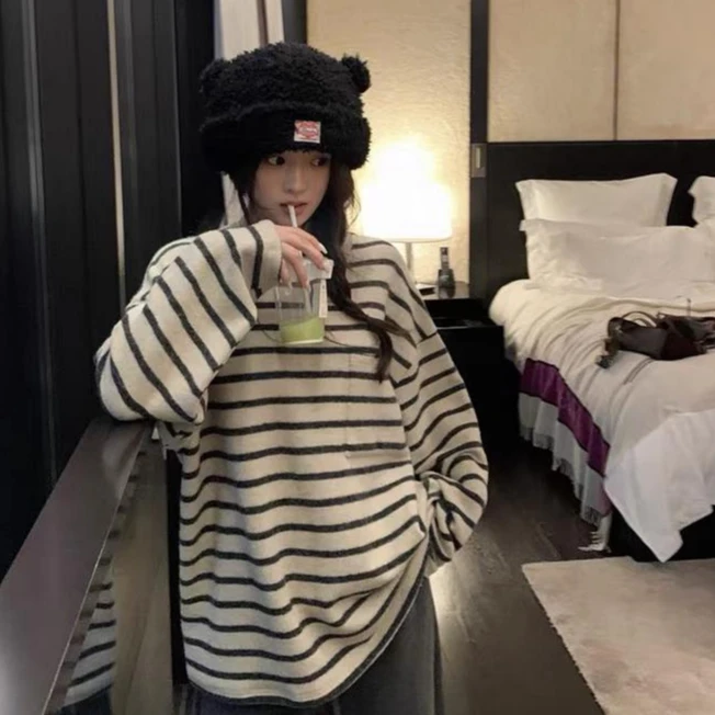 慵懒感百搭懒人条纹韩系条纹软糯磨毛休闲T恤女秋宽松上衣秋冬