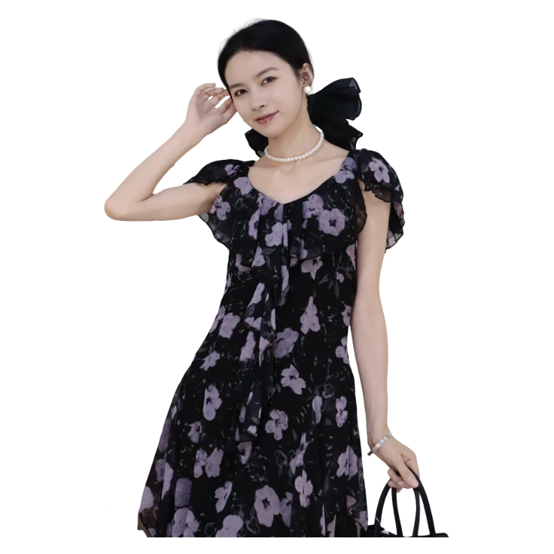 25夏季新品LIUKE留刻V领花朵长款连衣裙41250519551