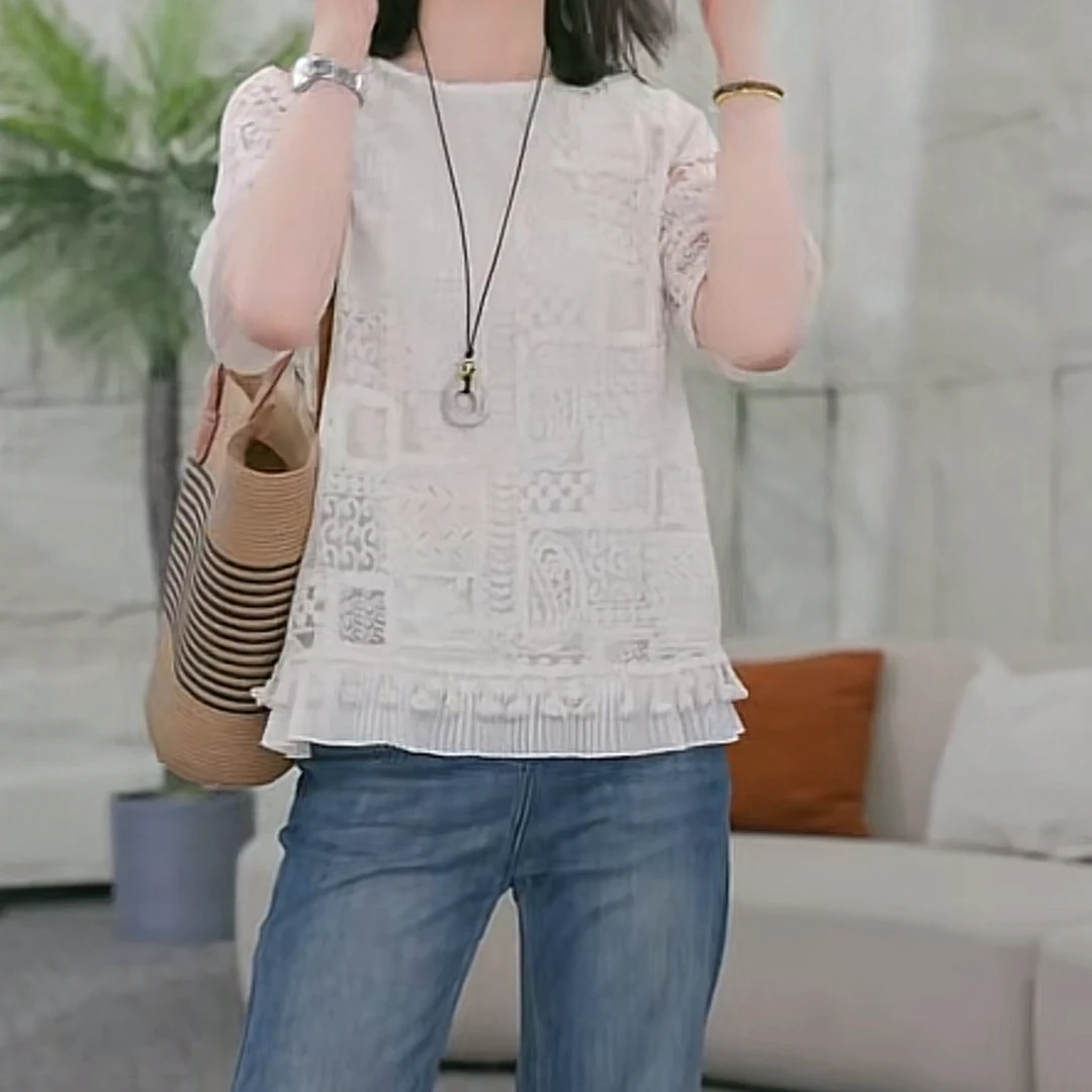 复古气质刺绣镂空圆领短袖女2025夏季新款时尚洋气套头宽松上衣