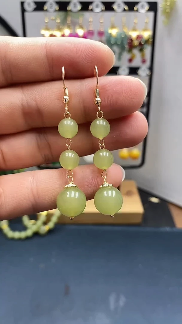 和田玉银S925镀金镶嵌耳饰尺寸12mm连珠02