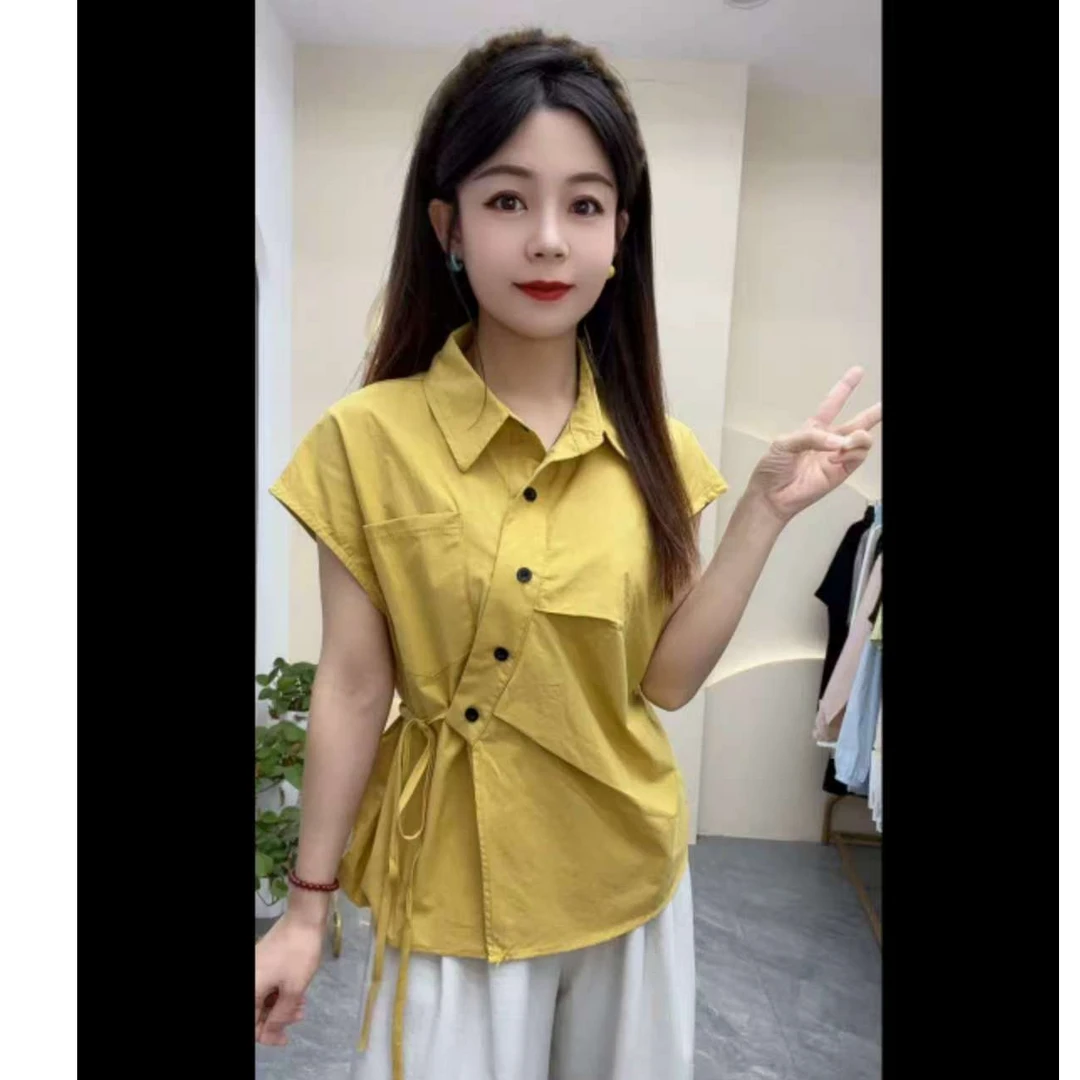 A88#单排扣短袖显瘦设计感韩版夏季小众衬衫纯色衬衣（衣长56左右）