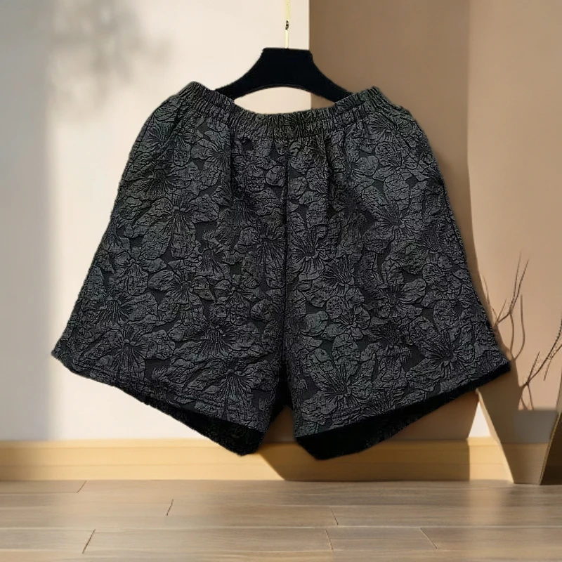 203  夏季短款阔腿宽松45长黑色显瘦减龄重工提花耐穿耐洗