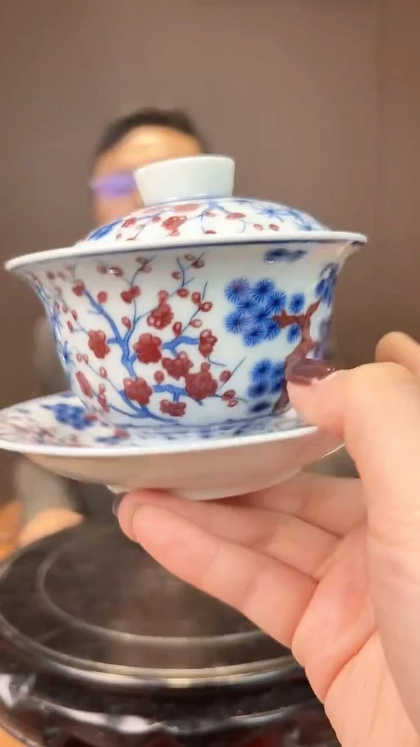 C37景德镇青花楼里红松竹梅三才盖碗一只