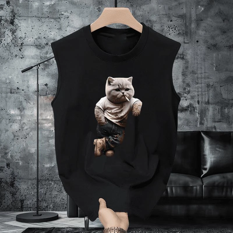 夏季宽松健身运动坎肩背心ins百搭小拽猫印花圆领无袖潮流个性