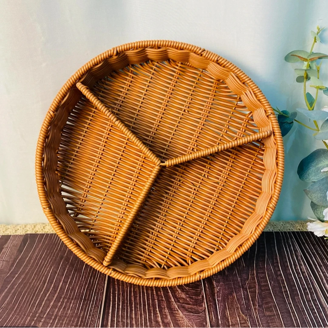 NW141家用分隔中国风客厅点心零食收纳圆形篮藤编招待果盘28*6