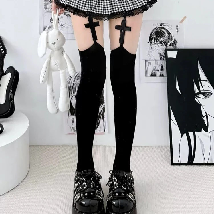 日系可爱暗黑刺绣十字架性感吊带袜女薄款少女连裤袜