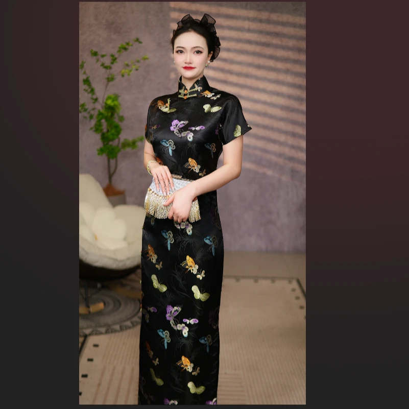 纯手工全开襟中国风长款旗袍黑色蝴蝶款式日常气质优雅