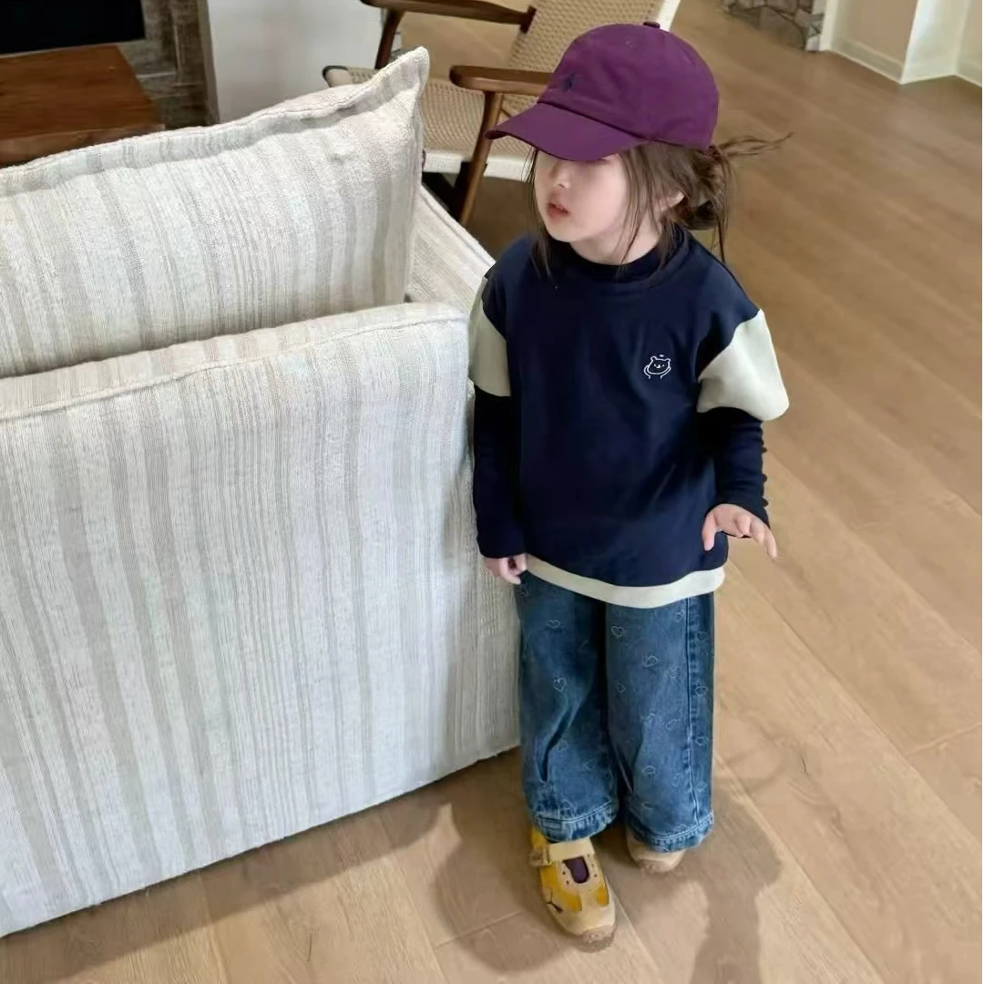 壹妈韩版童装女童秋季套装洋气儿童时髦拼色假两件上衣蓝色牛仔裤