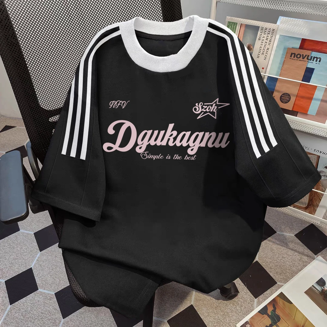 原创美式小众字母印花纯棉短袖男女潮牌三条杠宽松百搭重磅上衣女