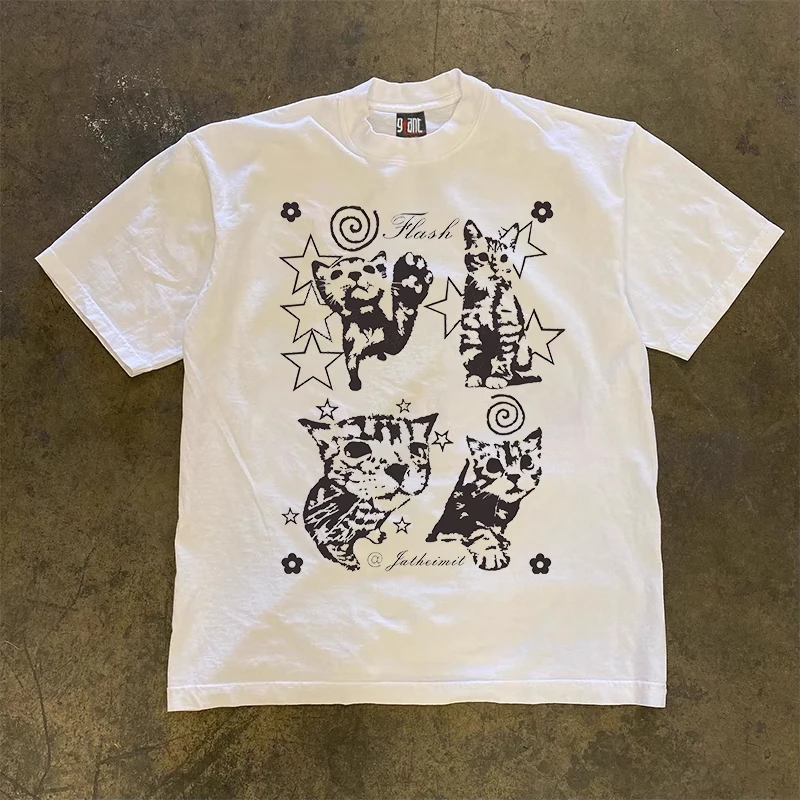 230g美式重磅不透四只小猫印花时尚ins小众款男女纯棉宽松短袖t恤