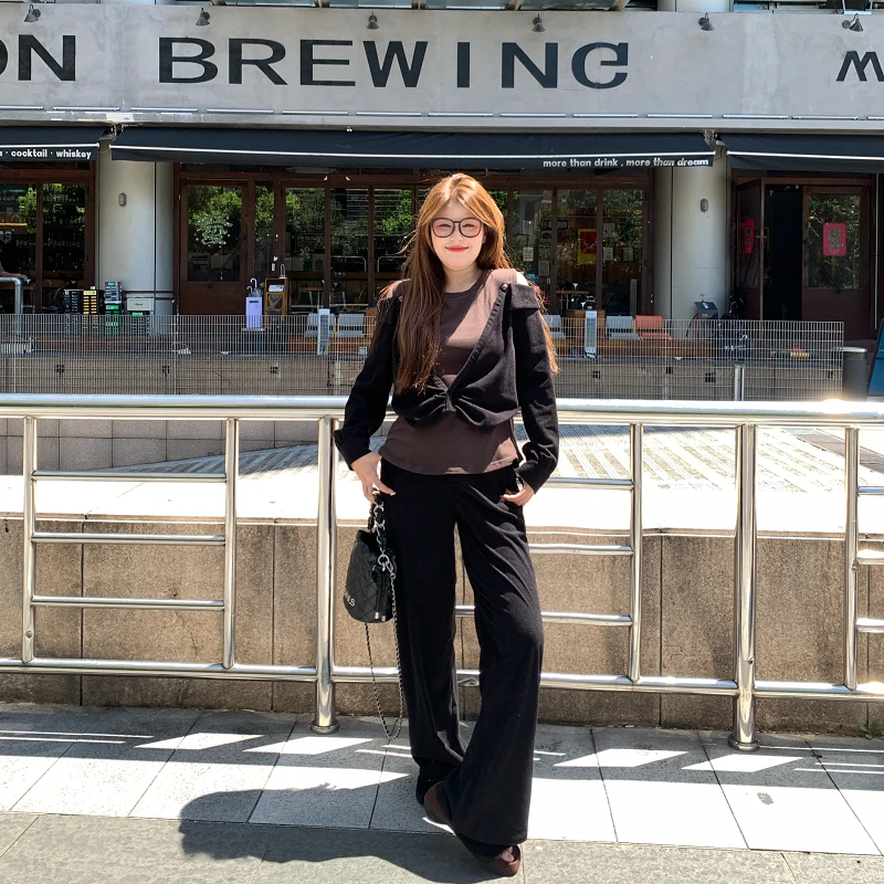 盈盈&南岛风大码女装休闲灯芯绒拼接上衣秋季显瘦长裤套装ZYY2215