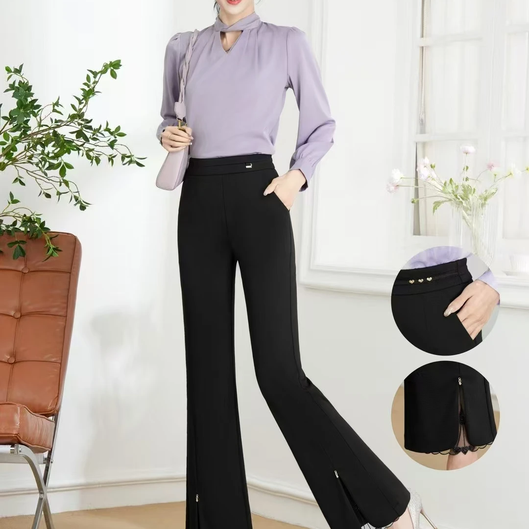 2025春季新款高腰开叉微喇裤女修身显瘦松紧腰休闲喇叭裤黑色百搭