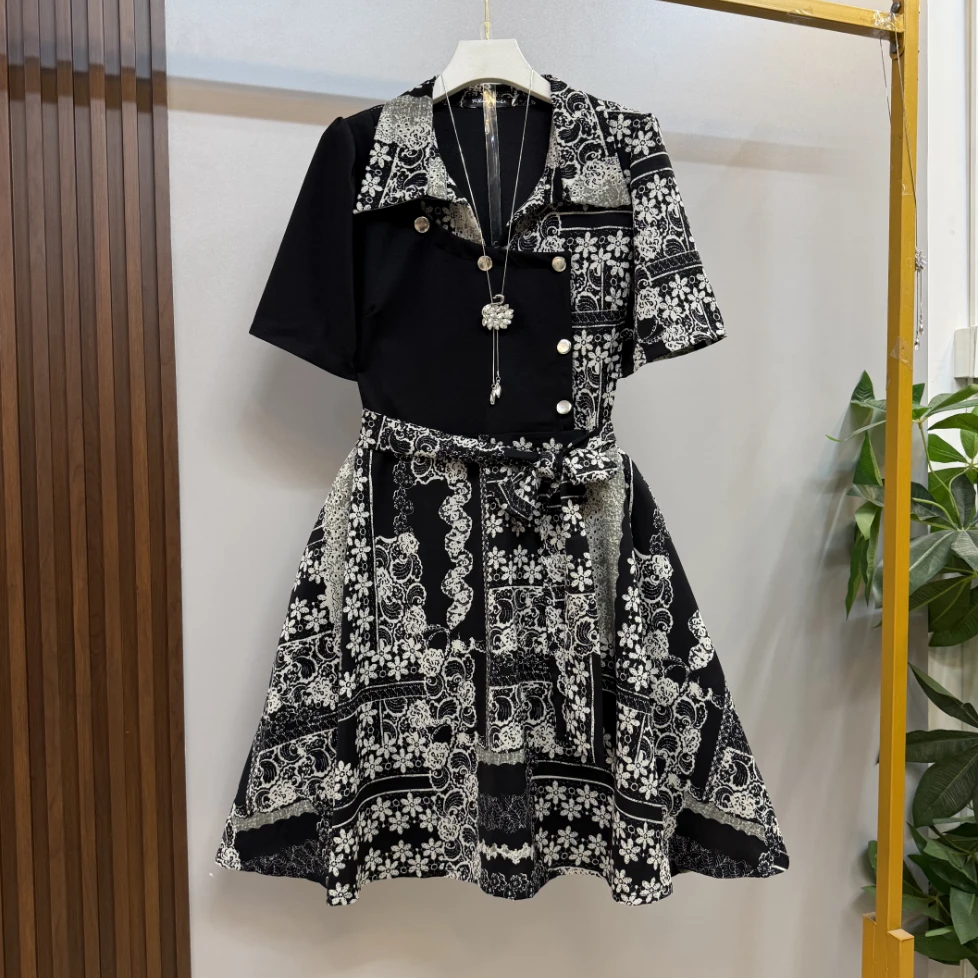 夏季新款微胖时尚气质衬衫领拼接显瘦连衣裙