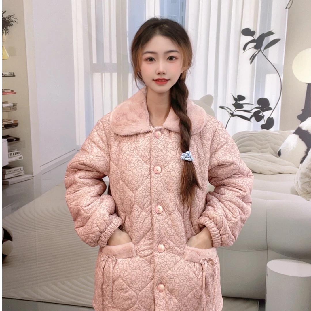 姬玛冬季三层加绒加厚夹棉保暖女士家居服套装D01