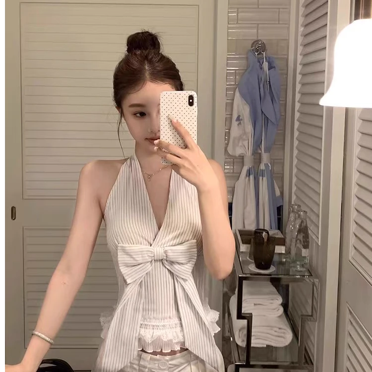 RENYI RILAR新品辣妹蕾丝拼接蝴蝶结条纹挂脖系带上衣RRSY086