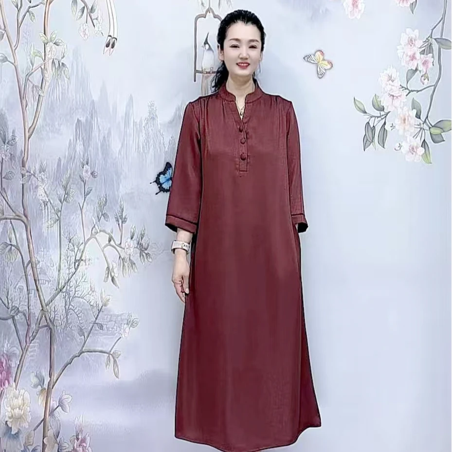 419夏季新款时尚减龄显瘦遮肉抓皱立领三扣连衣裙