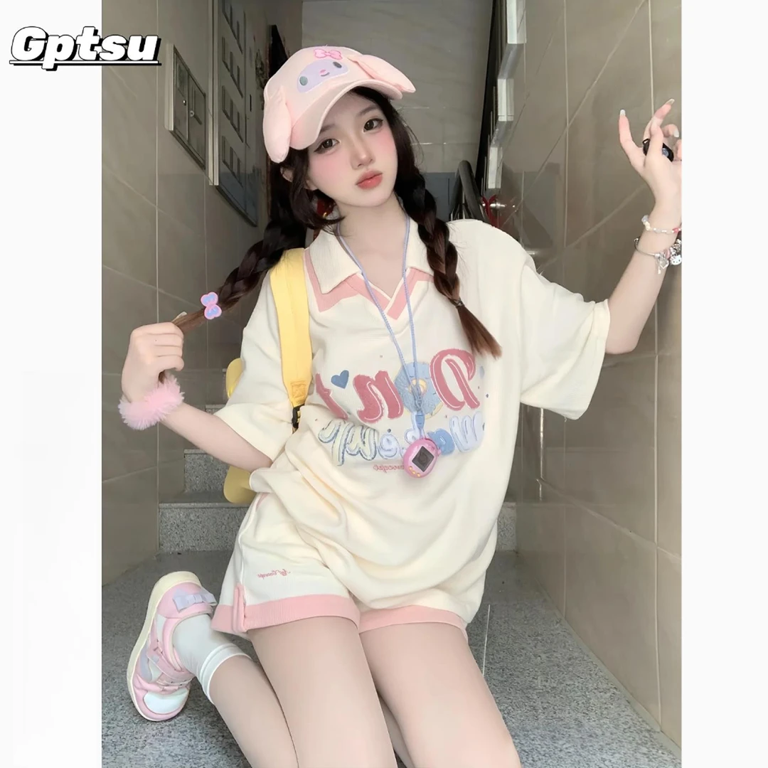 GPTSu女童休闲运动服套装2025新款初中生女孩大童短袖短裤两件套