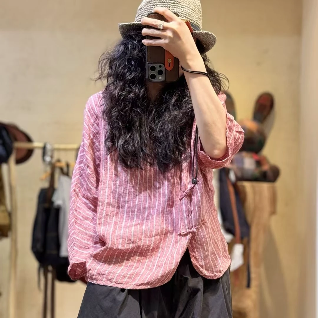 忆古朴拙250532色织亚麻条纹斜襟小上衣