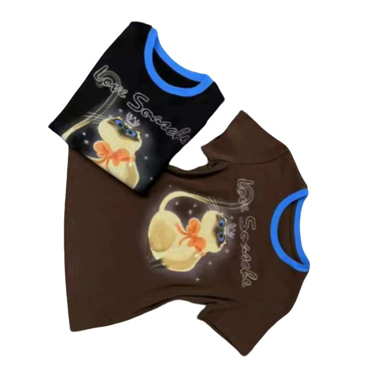 270撞色领印花猫咪T恤