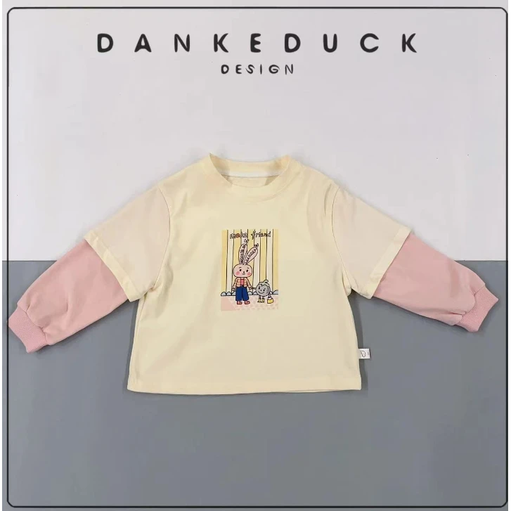 40346女童白色时尚休闲印花圆领百搭假两件