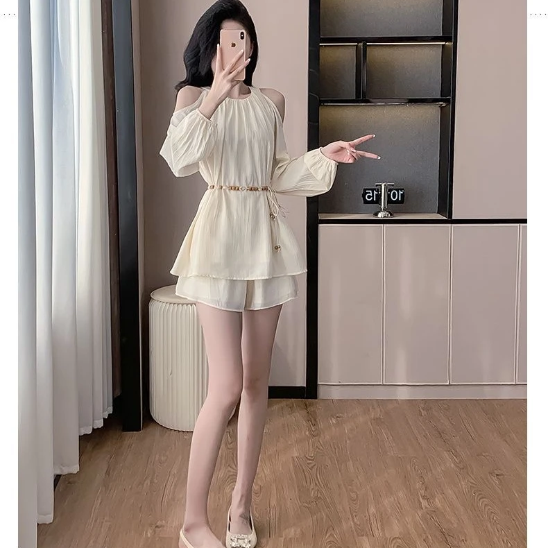 夏季时尚套装女装法式露肩防晒上衣短裤小众泡泡袖连衣裙套装显瘦