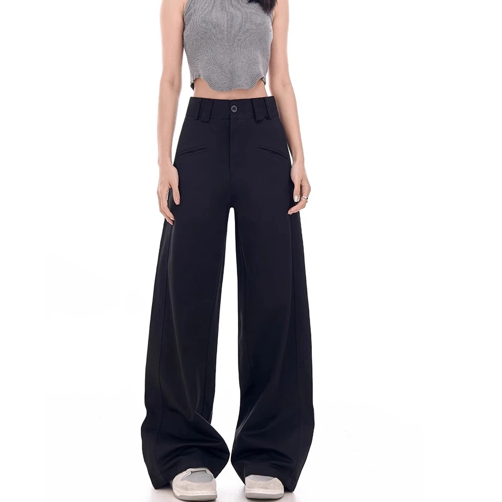 黑色西装裤女新款胖妹妹mm设计感高腰宽松显瘦休闲阔腿通【非T恤】