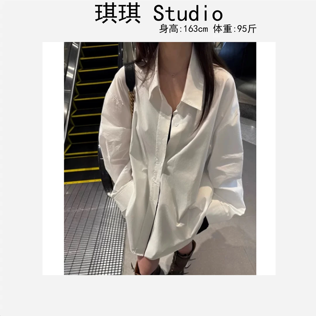 早春新款纯色极简宽松慵懒翻领排扣显瘦减龄气质百搭衬衫3133-G