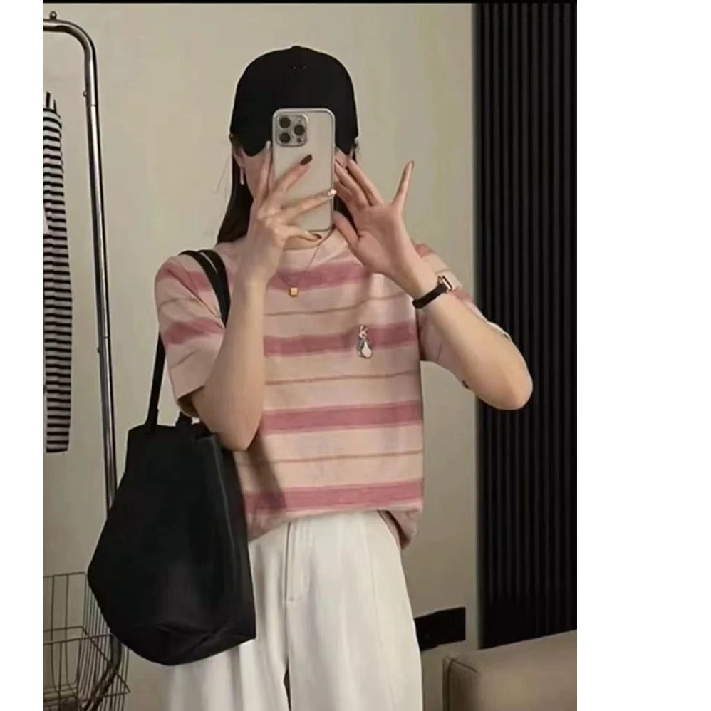 条纹时尚小兔软糯套头短袖复古圆领欧货时尚高级感上衣