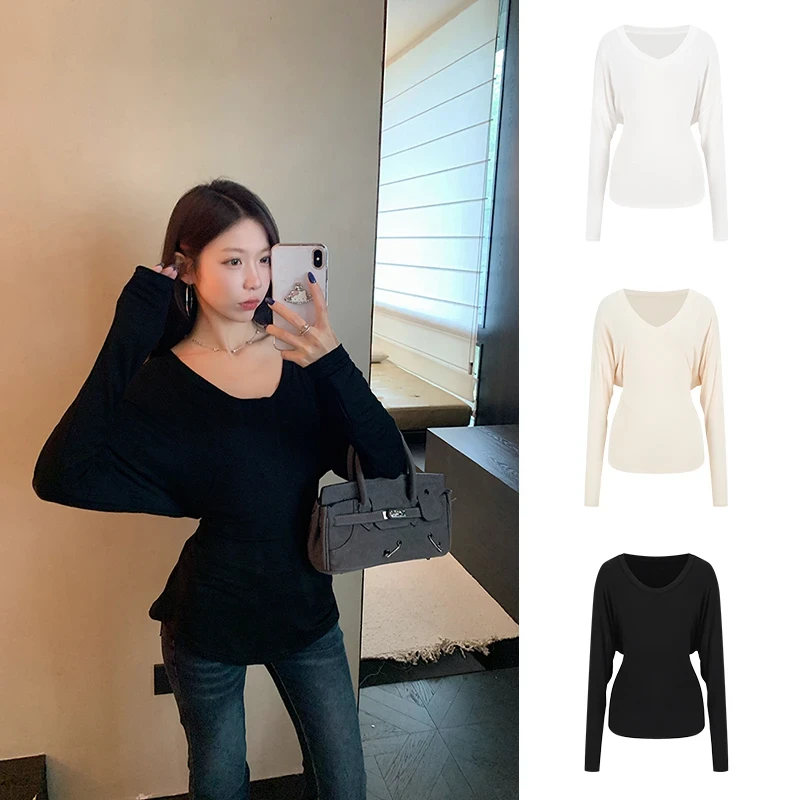 2025新款纯欲V领掐腰修身显瘦气质百搭纯色个性露肩袖长袖上衣ins