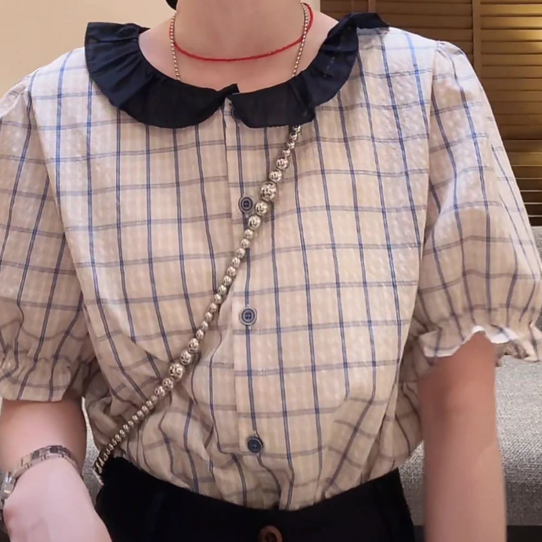 设计感娃娃领格子宽松显瘦百搭短袖上衣女2025年夏季新款短袖衬衣
