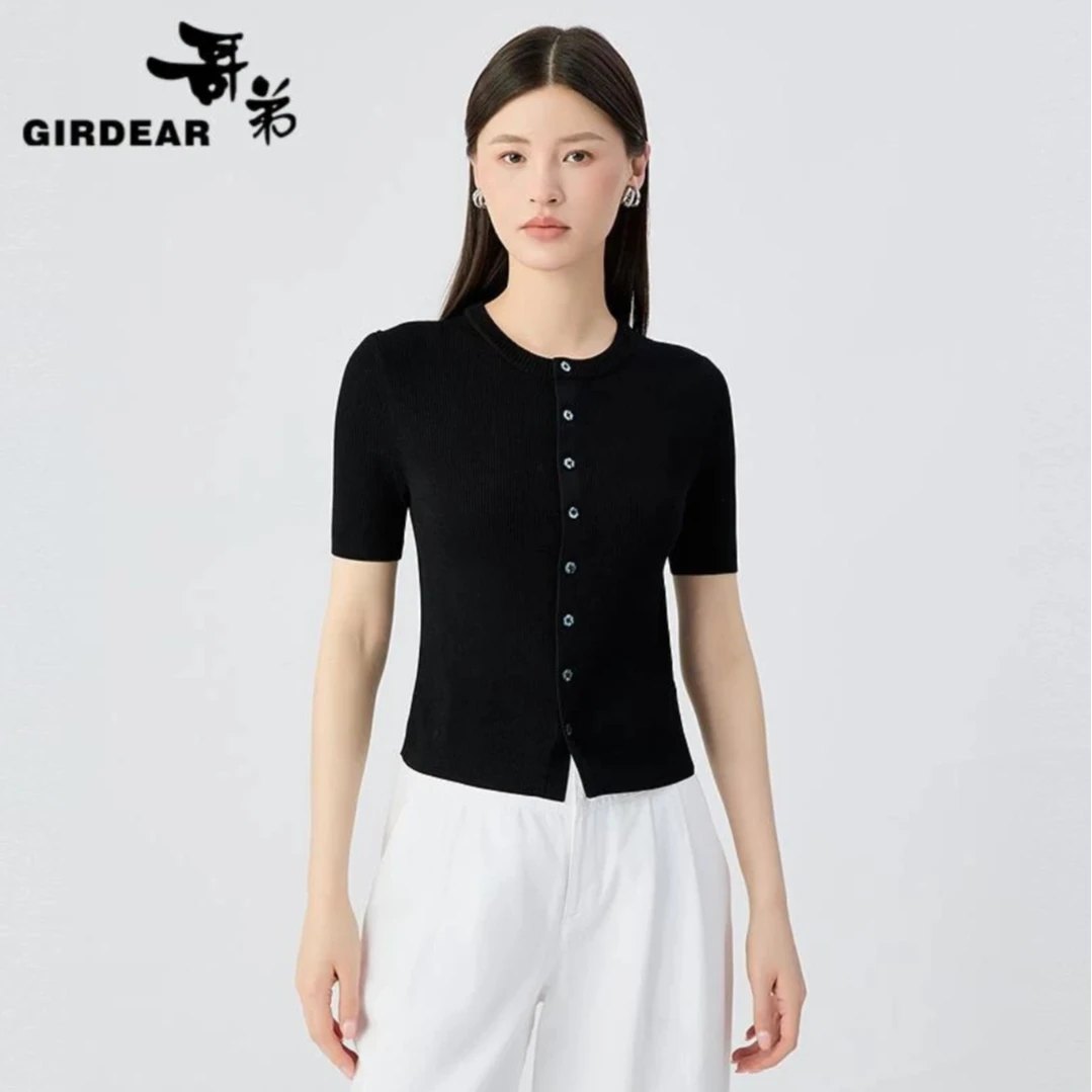 GIRDEAR/哥弟夏季新款简约质感百搭单排扣圆领短袖针织开衫148027