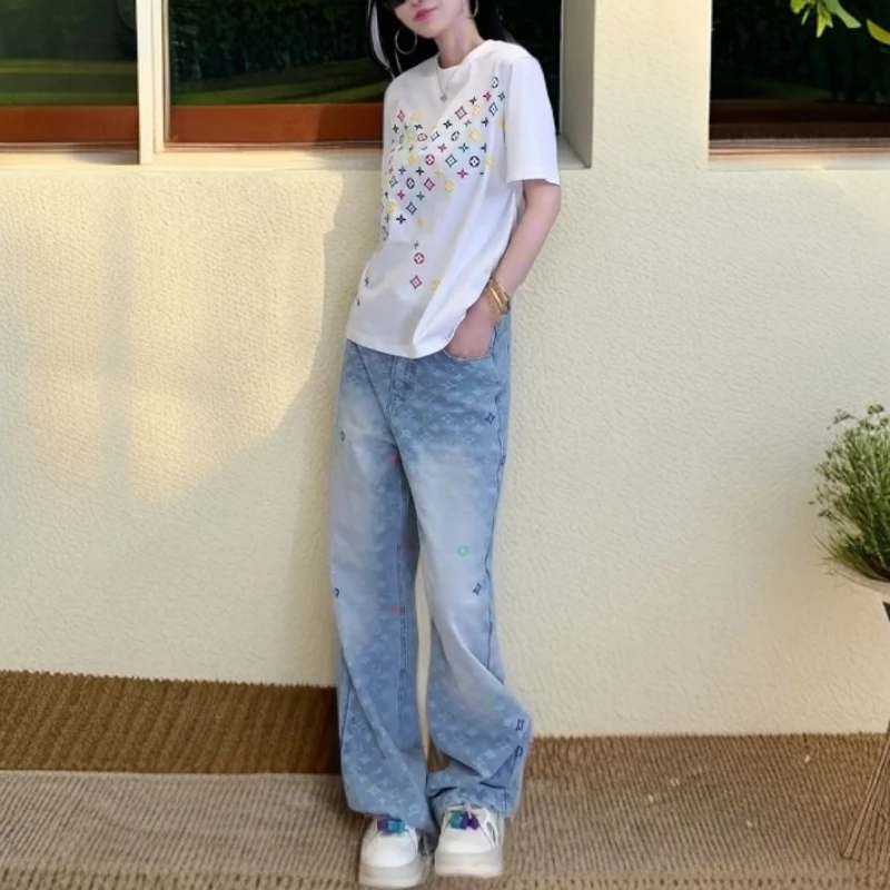 秋季高端星星裤子宽松小香风字母高腰直筒水洗提花刺绣牛仔裤女潮