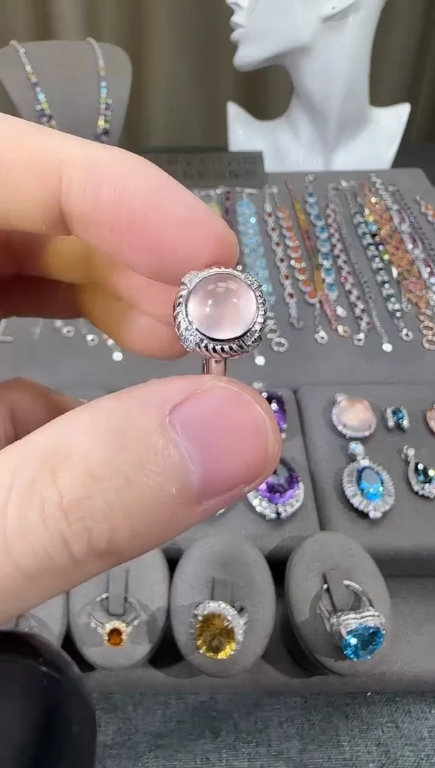 银S925镶嵌戒指芙蓉石12mm星光粉水晶戒指