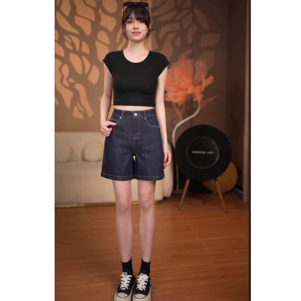 丹宁牛仔短裤夏季薄款直筒裤2025高腰弹力裤小众显瘦宽松阔腿