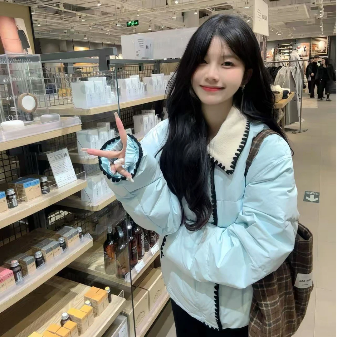 韩系翻领拼接短款棉服外套女冬季2025新款百搭面包服休闲棉衣棉袄