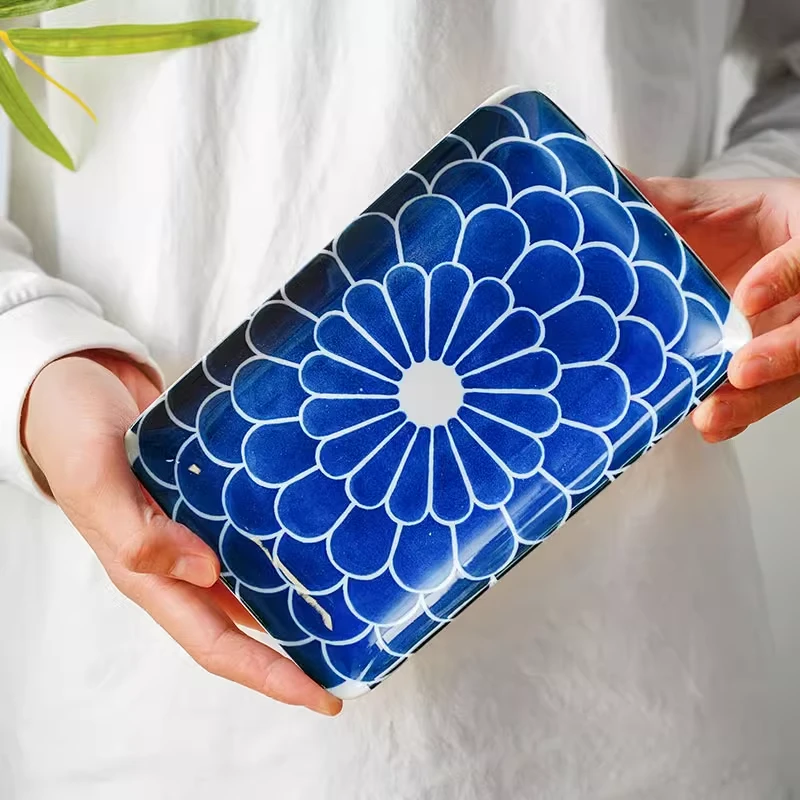 美浓烧日本进口古染菊纹饭碗盘子菜盘碟子家用日式复古陶瓷餐具