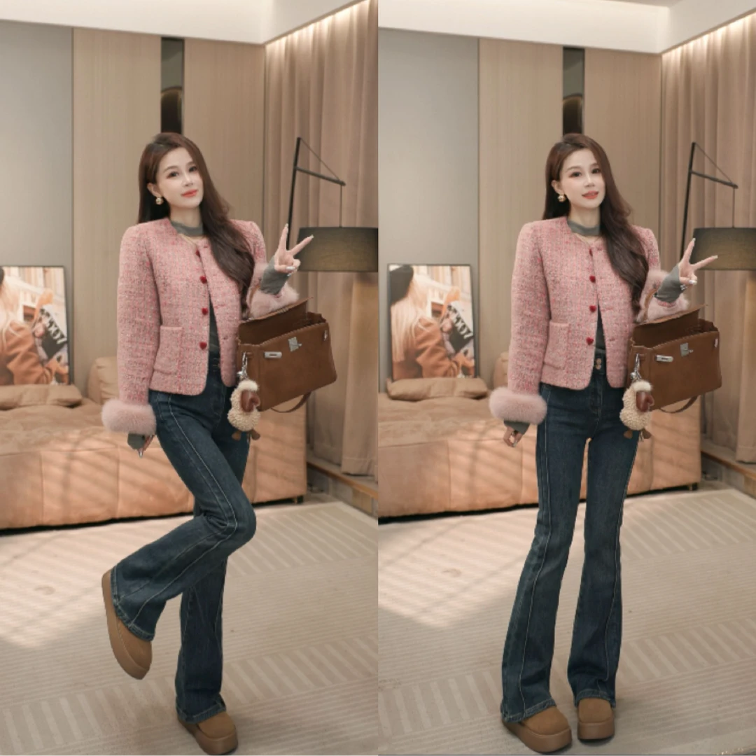 【静静衣橱】冬装上新短外套修身显瘦狐狸毛袖圈小香风羽绒服5377