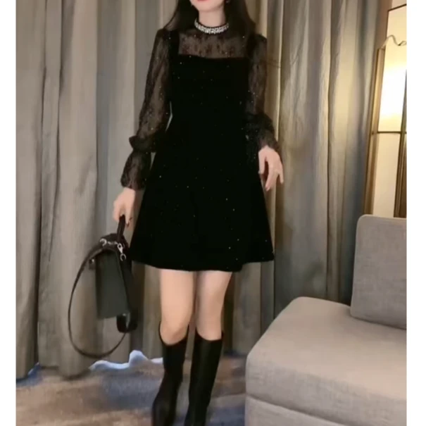 气质显瘦时尚针织收腰重工拼接减龄短款连衣裙GS12901