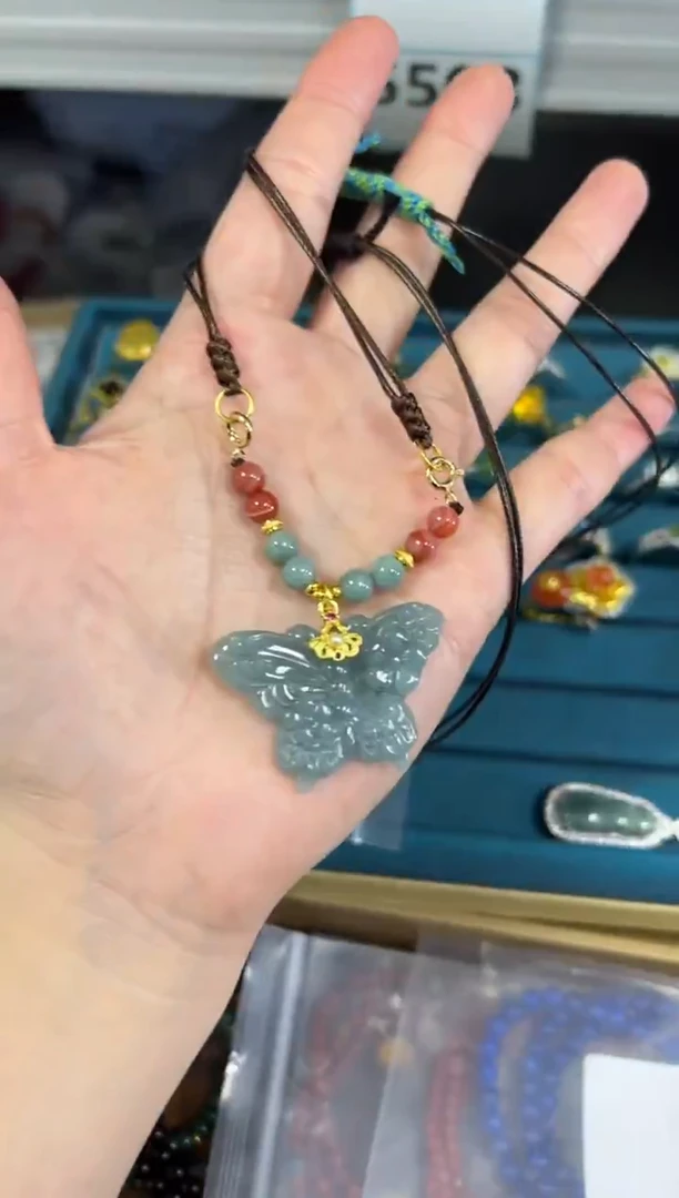 颈饰未镶嵌翡翠孤品蓝水翡翠蝴蝶编制款项链[82]