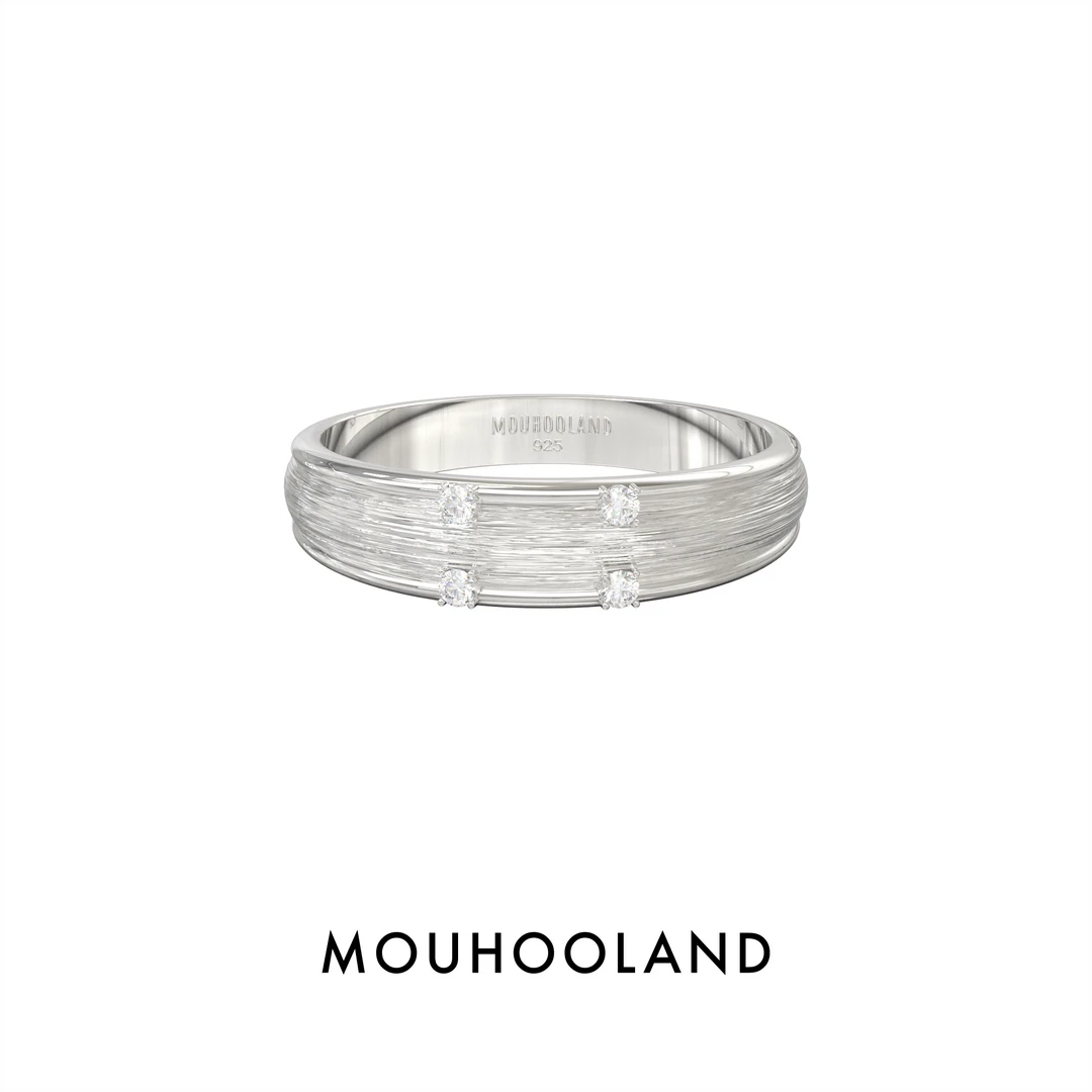 925银锆石戒指 拉丝弧面戒指925银手工雕刻拉丝小众情侣戒指